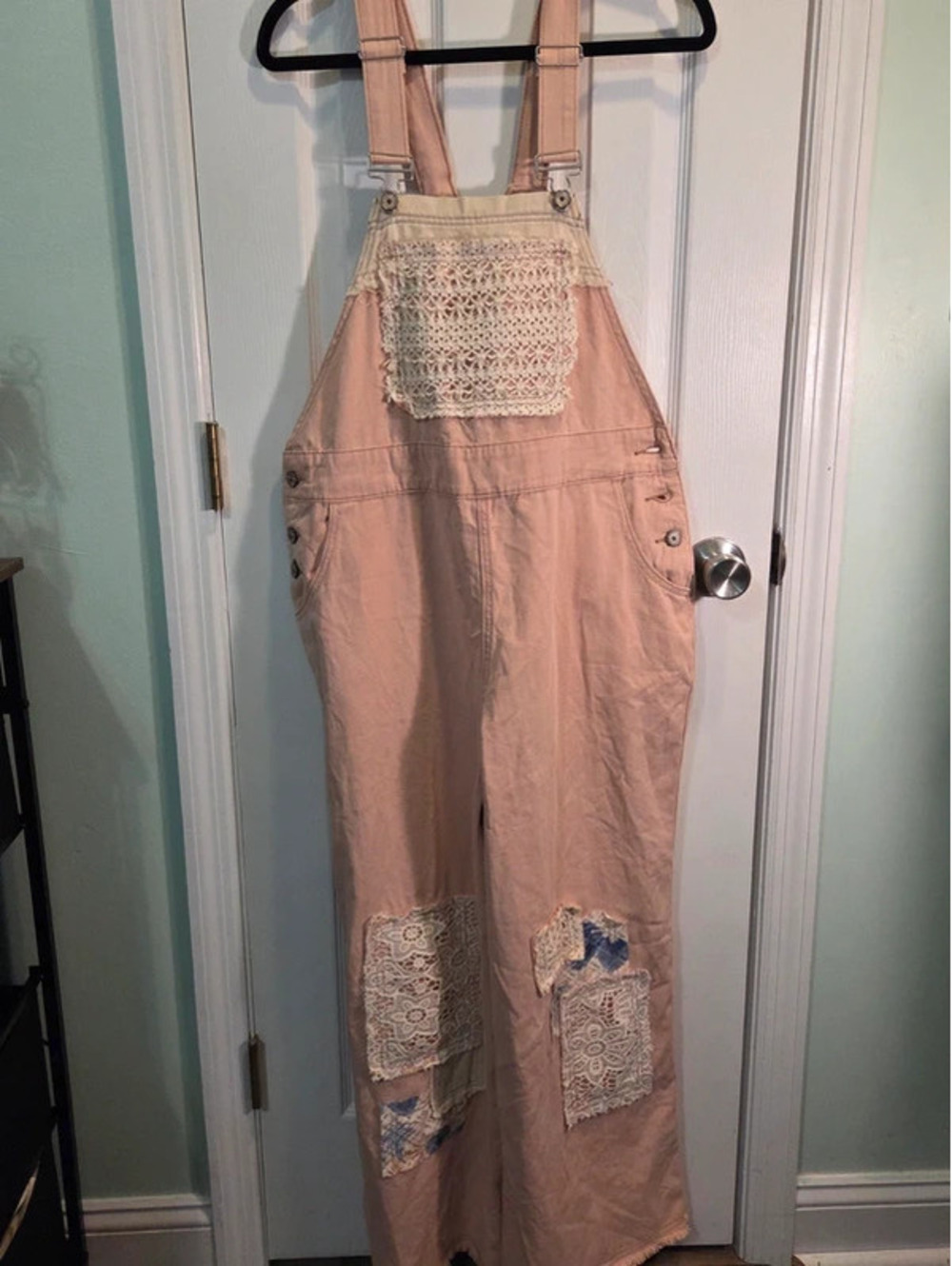 POL Patchwork Crochet Lace Overalls Large 100% Cotton Boho Pink